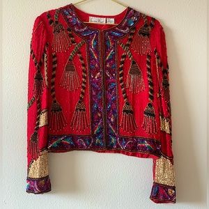Laurence Kazar 100% Silk Red Bead and Sequin Cropped Vintage 80’s Jacket Size XL
